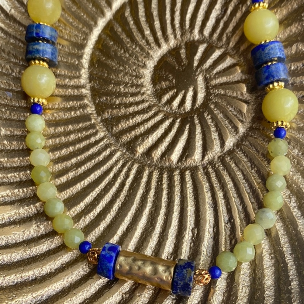 Handmade Lemon Jade, Lapis Lazuli Beaded Necklace with Gold Plated Center Piece